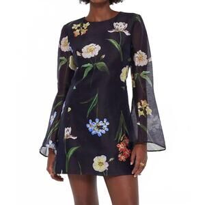 NEW LEO LIN suzanne bell sleeve mini dress in botanical print in ebony